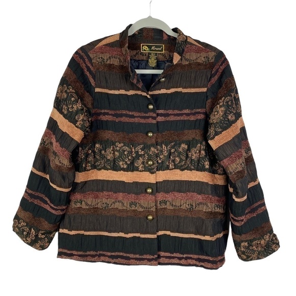 Mirasol Striped Floral Button Down Jacket Women's Medium Brown Black Lined - Picture 10 of 12